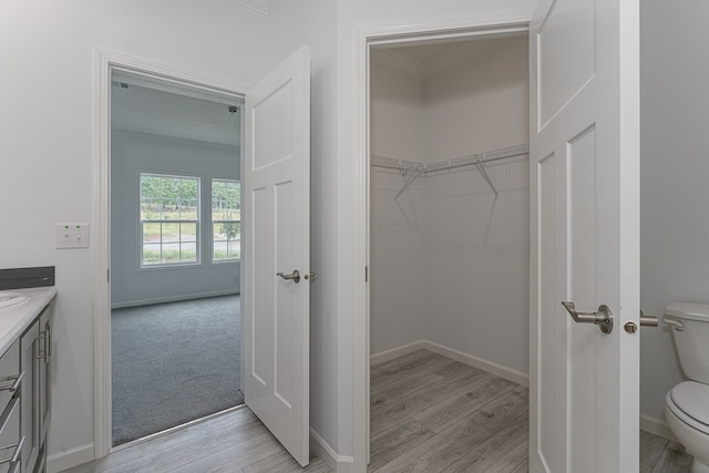 bathroom featuring hardwood / wood-style floors, vanity, and toilet