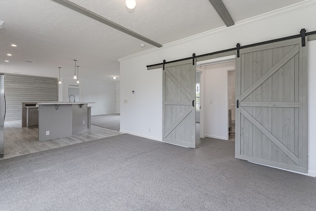 unfurnished living room with sink, a barn door, light colored carpet, a textured ceiling, and ornamental molding