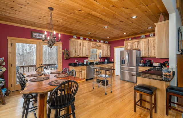 kitchen with appliances with stainless steel finishes, dark countertops, wooden ceiling, and light wood finished floors