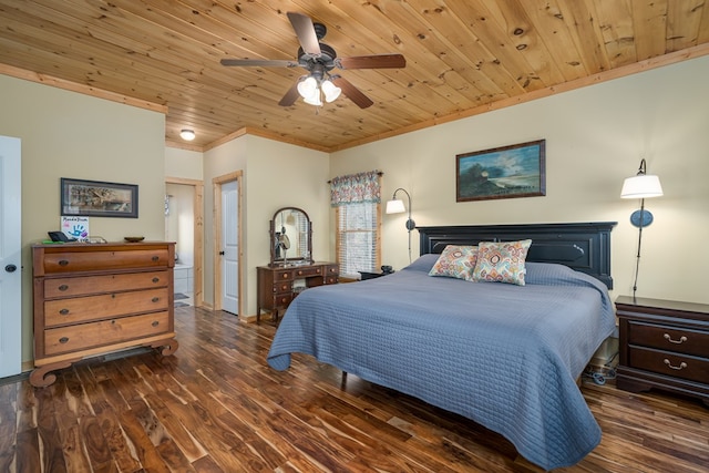 bedroom with a ceiling fan, wooden ceiling, crown molding, and wood finished floors