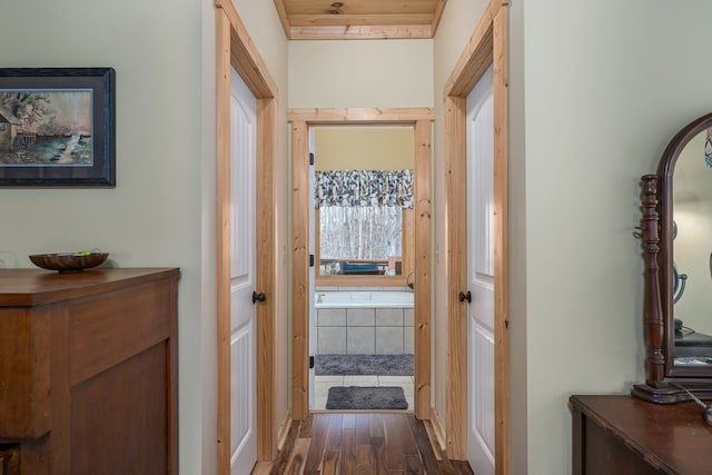 corridor with dark wood-style flooring