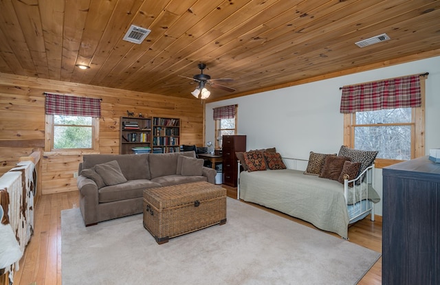 bedroom featuring wooden ceiling, visible vents, and wood finished floors