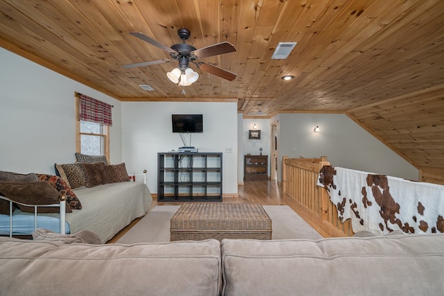 living area with wooden ceiling, visible vents, and wood finished floors