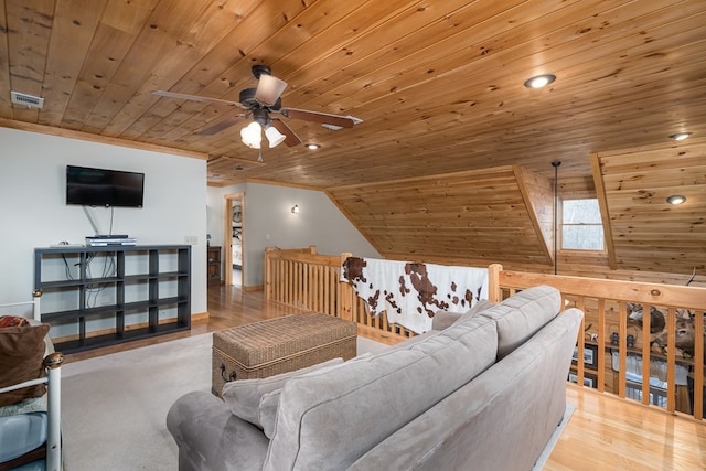 living area featuring lofted ceiling, wooden ceiling, recessed lighting, wood finished floors, and visible vents