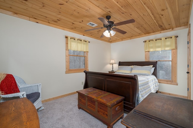 carpeted bedroom with wood ceiling, visible vents, and baseboards