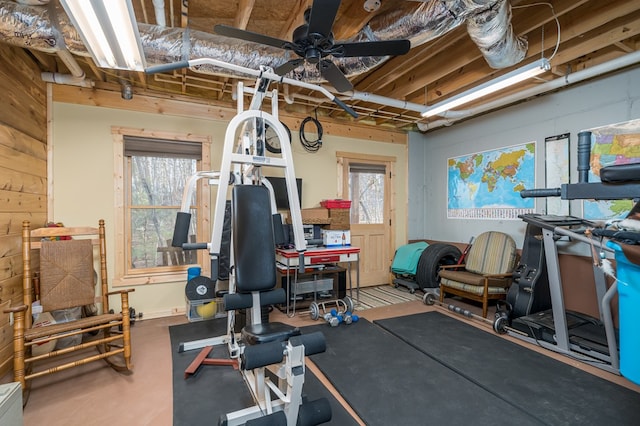 workout area with a ceiling fan