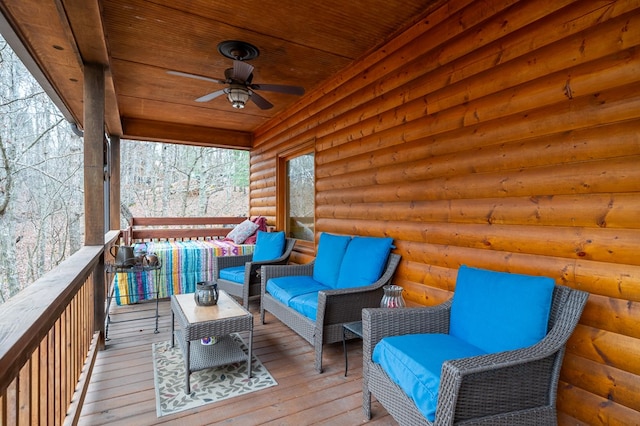 deck with ceiling fan and an outdoor hangout area