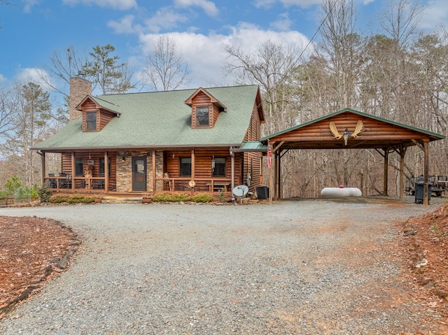 log home featuring a porch, central AC, a carport, a chimney, and gravel driveway