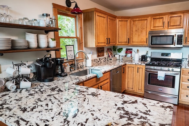 kitchen with hardwood / wood-style floors, stainless steel appliances, light stone counters, and sink