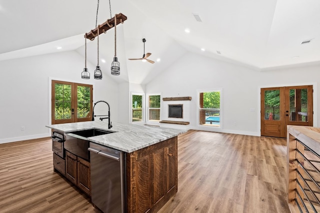 109 Lakeview Ct, Ellijay, GA 30540 - kitchen with french doors, appliances with stainless steel finishes, open floor plan, light wood finished floors, and recessed lighting