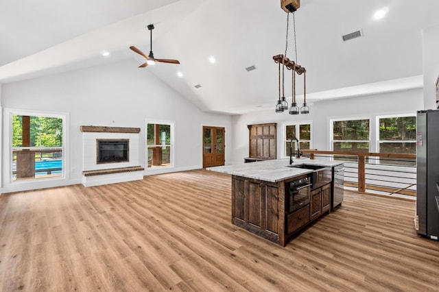 109 Lakeview Ct, Ellijay, GA 30540 - kitchen featuring high vaulted ceiling, recessed lighting, plenty of natural light, appliances with stainless steel finishes, and dark brown cabinets