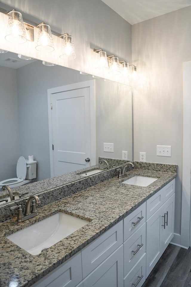 bathroom featuring dual sinks, oversized vanity, and hardwood / wood-style floors