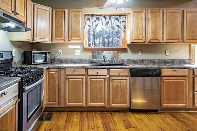 kitchen with ceiling fan, stainless steel appliances, light hardwood / wood-style floors, and sink