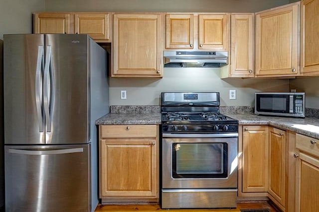 kitchen featuring appliances with stainless steel finishes, light brown cabinetry, and light stone counters