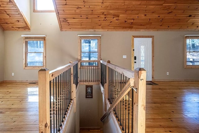 staircase featuring wood ceiling, high vaulted ceiling, and hardwood / wood-style floors