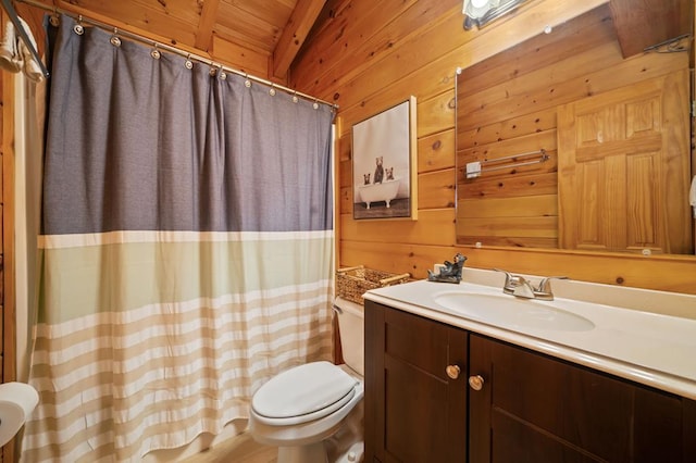 full bath with wooden walls, wooden ceiling, toilet, and vaulted ceiling