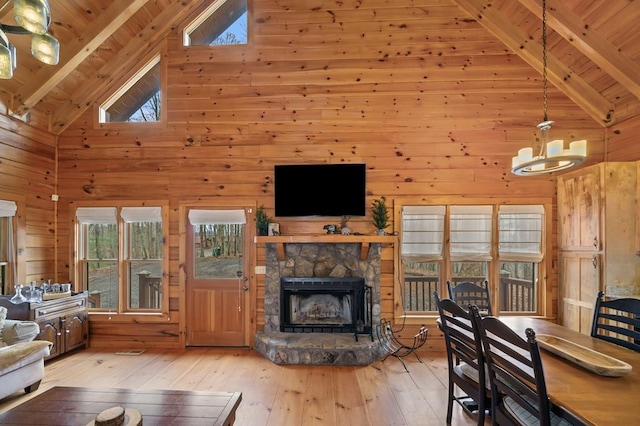 living area featuring beamed ceiling, wood walls, wood ceiling, hardwood / wood-style floors, and a fireplace