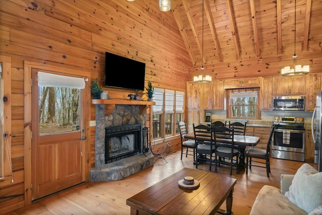 living area with wooden walls, a stone fireplace, wooden ceiling, and light wood finished floors