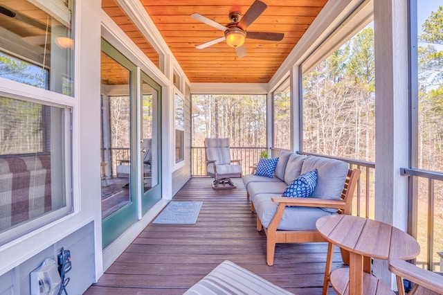 sunroom / solarium featuring wooden ceiling and a ceiling fan