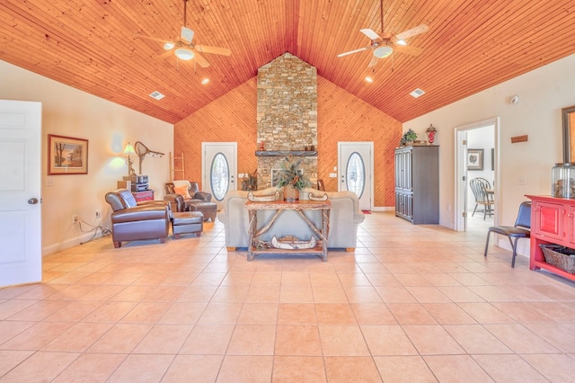 living room with wooden ceiling, ceiling fan, light tile patterned floors, and high vaulted ceiling