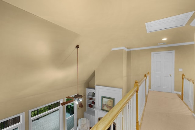 stairway featuring recessed lighting, visible vents, carpet, and ceiling fan