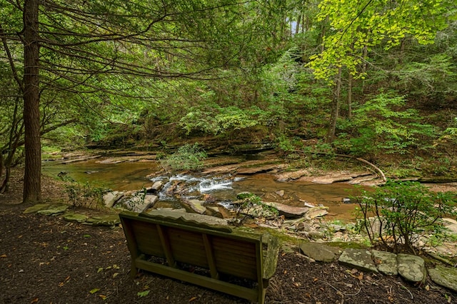 exterior space featuring a wooded view