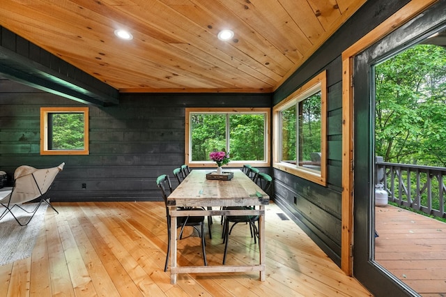 149 Happy Hollow Ln, Mineral Bluff, GA 30559 - dining room with wood ceiling, wooden walls, hardwood / wood-style flooring, and recessed lighting