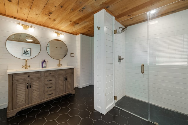 149 Happy Hollow Ln, Mineral Bluff, GA 30559 - bathroom featuring a shower stall, double vanity, wooden ceiling, and tile patterned floors