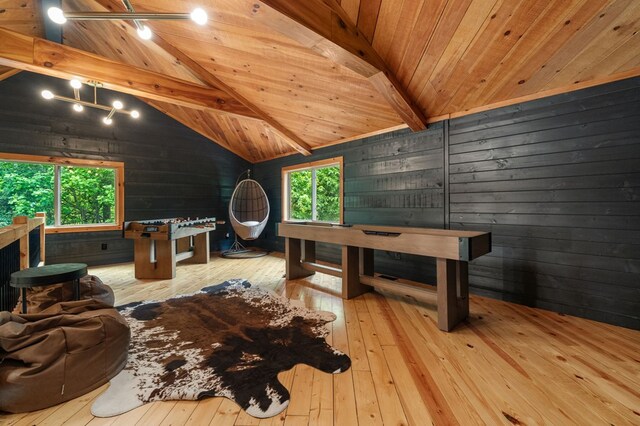 149 Happy Hollow Ln, Mineral Bluff, GA 30559 - rec room featuring wooden ceiling, healthy amount of natural light, hardwood / wood-style floors, and wood walls