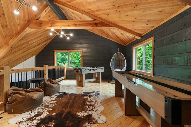 149 Happy Hollow Ln, Mineral Bluff, GA 30559 - game room featuring wood walls, plenty of natural light, wood-type flooring, and wooden ceiling
