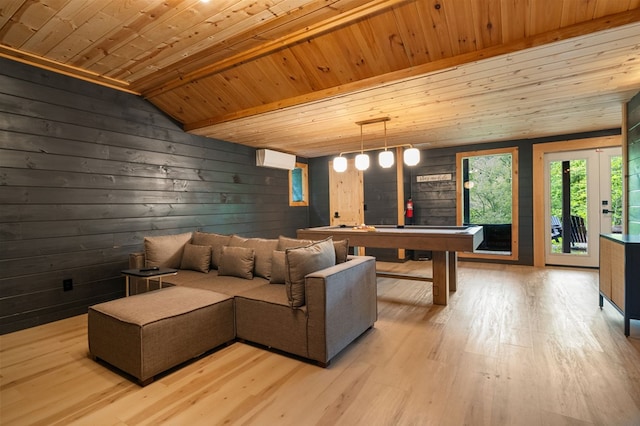 149 Happy Hollow Ln, Mineral Bluff, GA 30559 - living room featuring wooden ceiling, wood walls, and light wood-style floors