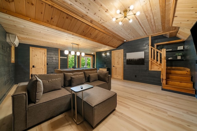 149 Happy Hollow Ln, Mineral Bluff, GA 30559 - living area featuring wood walls, wood ceiling, a wall unit AC, vaulted ceiling, and light wood-style floors