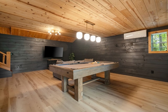 149 Happy Hollow Ln, Mineral Bluff, GA 30559 - rec room featuring a wall unit AC, wood ceiling, pool table, wood finished floors, and wooden walls