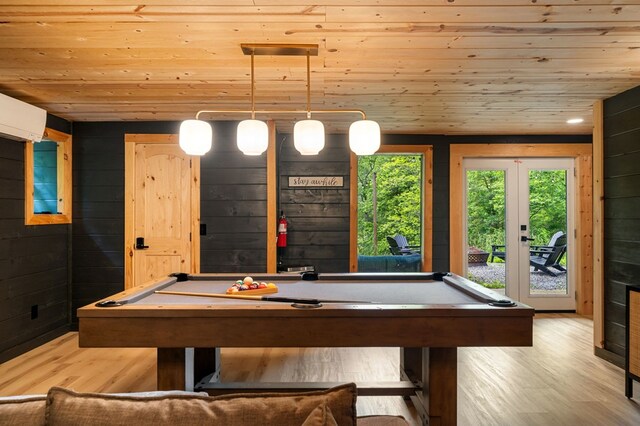 149 Happy Hollow Ln, Mineral Bluff, GA 30559 - rec room with pool table, light wood-type flooring, wood ceiling, wood walls, and french doors