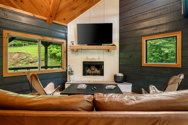 149 Happy Hollow Ln, Mineral Bluff, GA 30559 - living area with a fireplace, wood walls, and wood ceiling