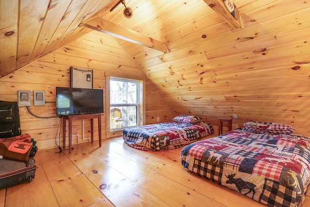 bedroom featuring lofted ceiling with beams, wood walls, wooden ceiling, and wood finished floors