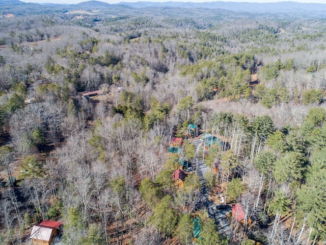 drone / aerial view with a mountain view and a view of trees