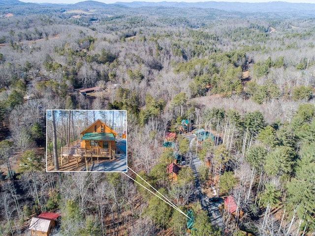 drone / aerial view featuring a mountain view and a wooded view