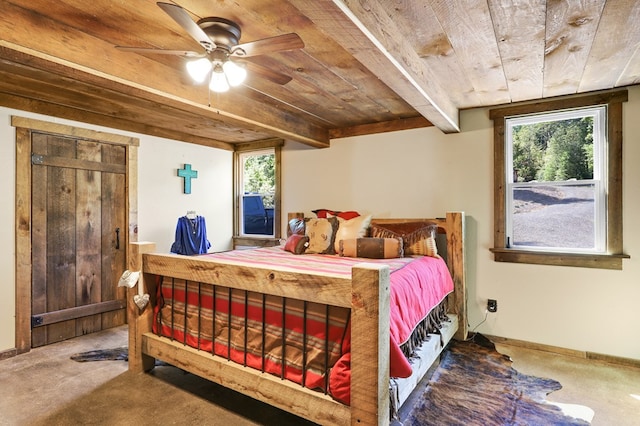 bedroom with ceiling fan, beam ceiling, and wooden ceiling