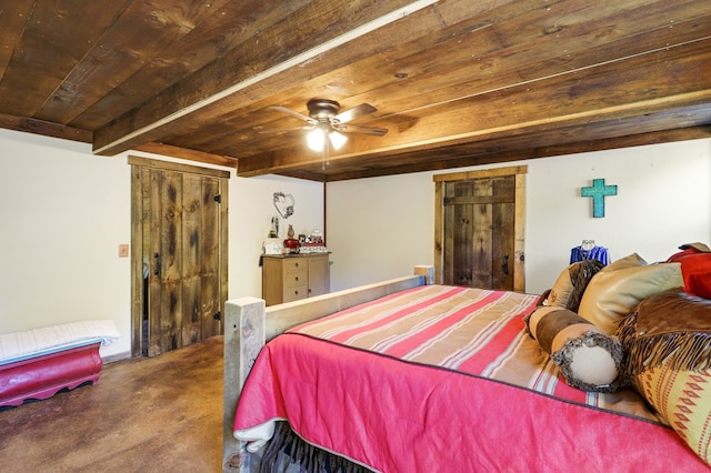 bedroom featuring carpet flooring, wooden ceiling, and beam ceiling