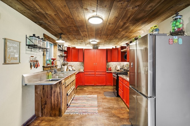 kitchen with sink, concrete flooring, stainless steel appliances, decorative backsplash, and wooden ceiling