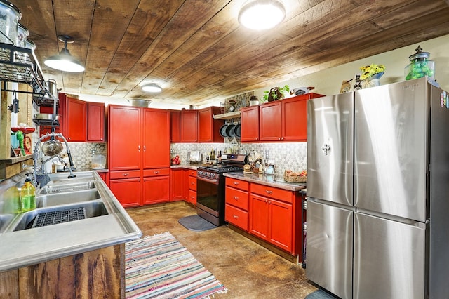 kitchen featuring appliances with stainless steel finishes, sink, wood ceiling, and decorative backsplash