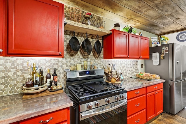 kitchen with tasteful backsplash, wood ceiling, and stainless steel appliances