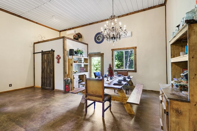 dining space featuring ornamental molding, a towering ceiling, and an inviting chandelier