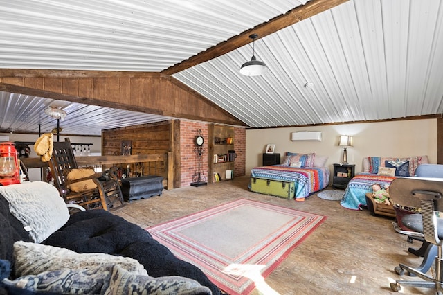 bedroom with a wall mounted air conditioner and lofted ceiling with beams