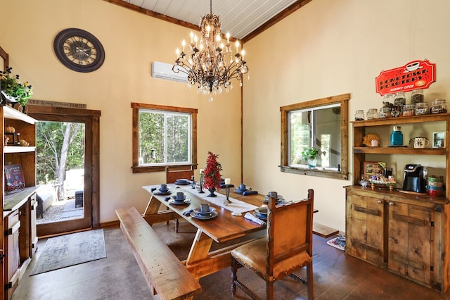 dining area with crown molding, a towering ceiling, a wall mounted air conditioner, and dark hardwood / wood-style flooring