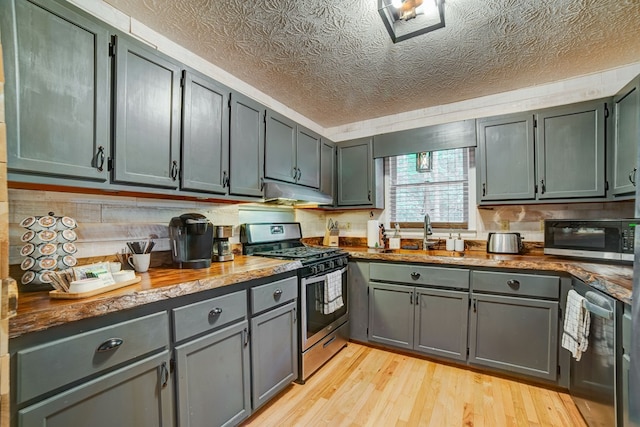 kitchen with gray cabinetry, sink, light hardwood / wood-style floors, and appliances with stainless steel finishes