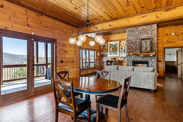 dining space featuring a fireplace, dark wood-type flooring, a mountain view, wood ceiling, and wooden walls