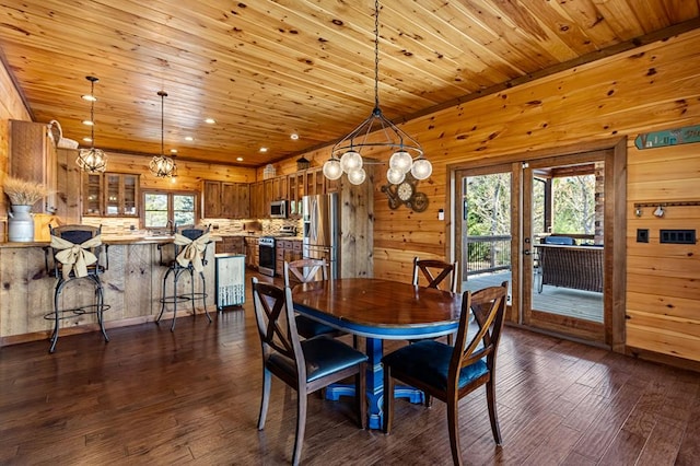 dining area with a chandelier, recessed lighting, wood walls, dark wood-type flooring, and wood ceiling