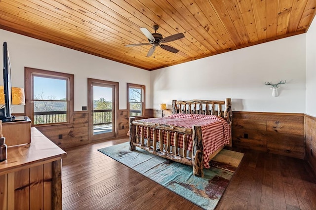bedroom with access to outside, wood ceiling, hardwood / wood-style floors, and a wainscoted wall